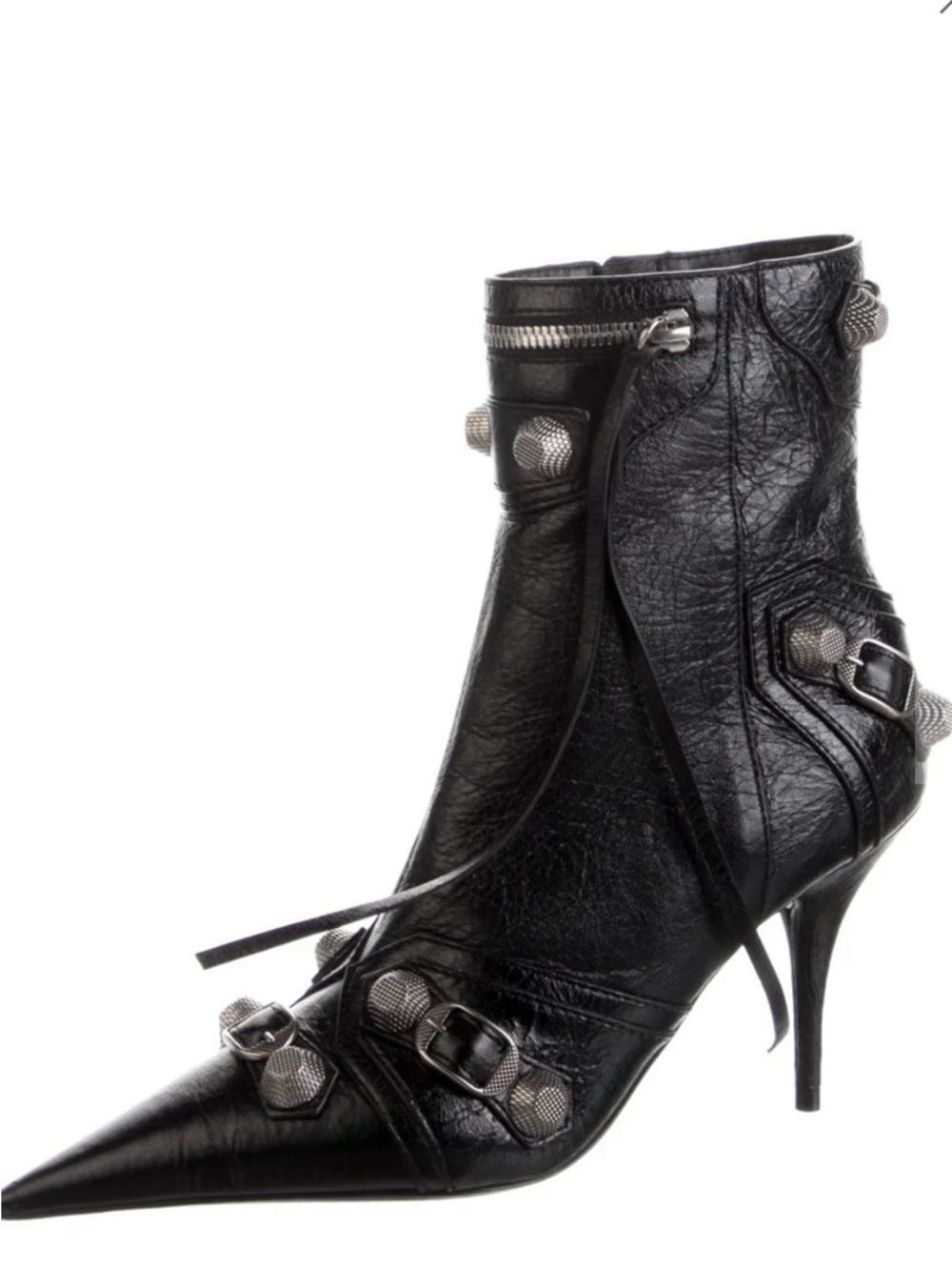 Balenciaga Black Leather Pointed Stiletto Ankle Boots with Silver Hardware